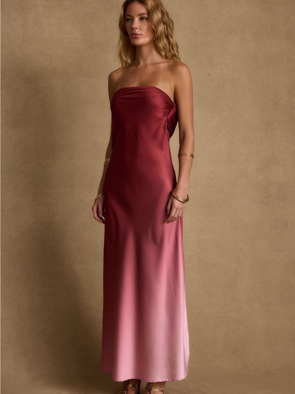 12th Tribe Strapless Satin Ombre Maxi Dress in Burgundy and Rose